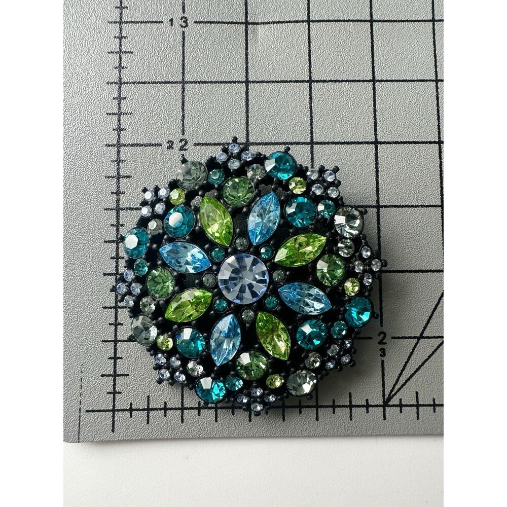 Green Blue Rhinestone Flower Pin Brooch - Picture 5 of 7